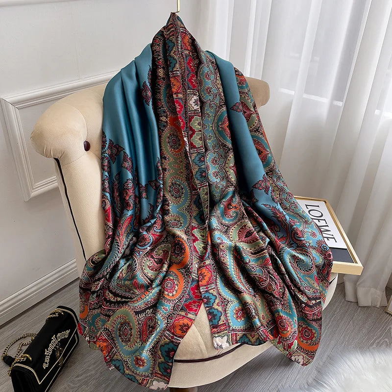 180*90cm Large Silk Satin Scarf Hijab Women Print Shawl