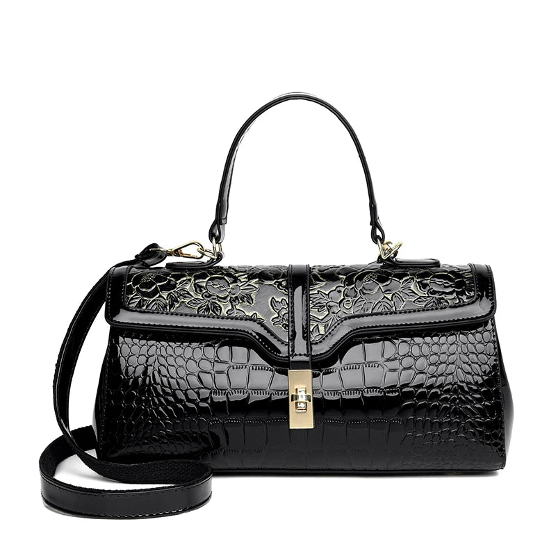 Luxury Vintage Crocodile Pattern Handbag Floral Metal Buckle