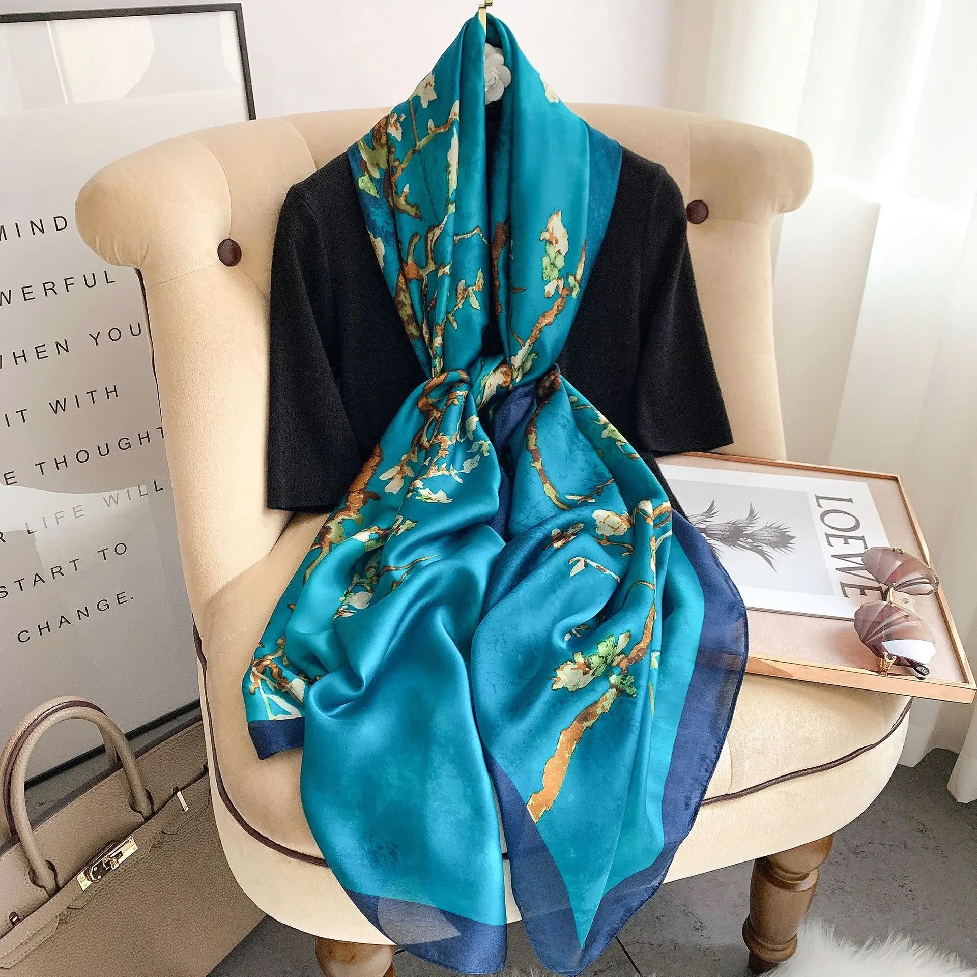 180*90cm Large Silk Satin Scarf Hijab Women Print Shawl