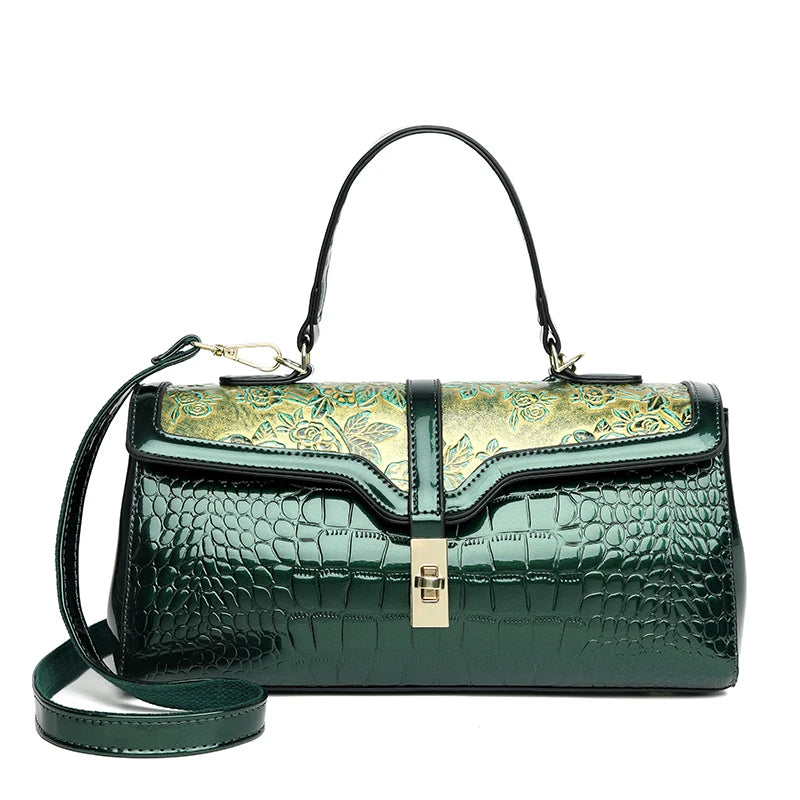 Luxury Vintage Crocodile Pattern Handbag Floral Metal Buckle