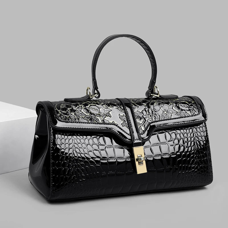 Luxury Vintage Crocodile Pattern Handbag Floral Metal Buckle