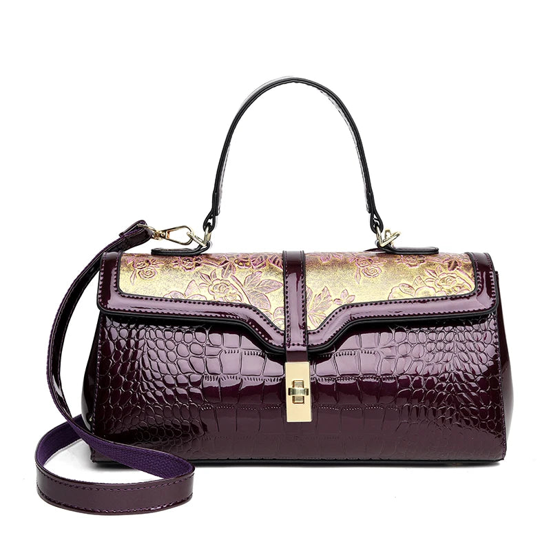 Luxury Vintage Crocodile Pattern Handbag Floral Metal Buckle