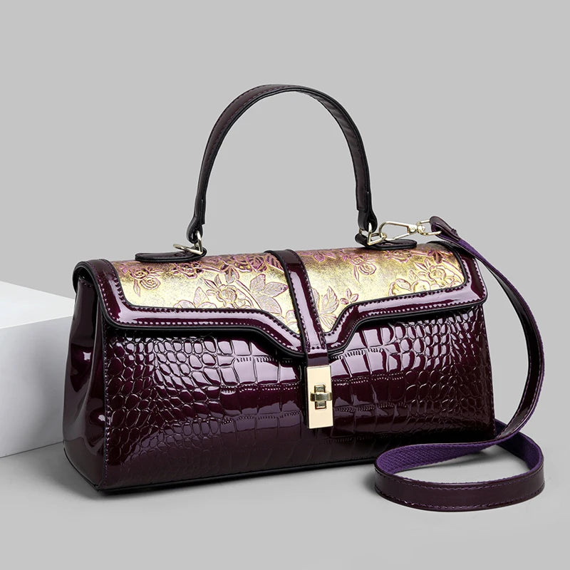 Luxury Vintage Crocodile Pattern Handbag Floral Metal Buckle