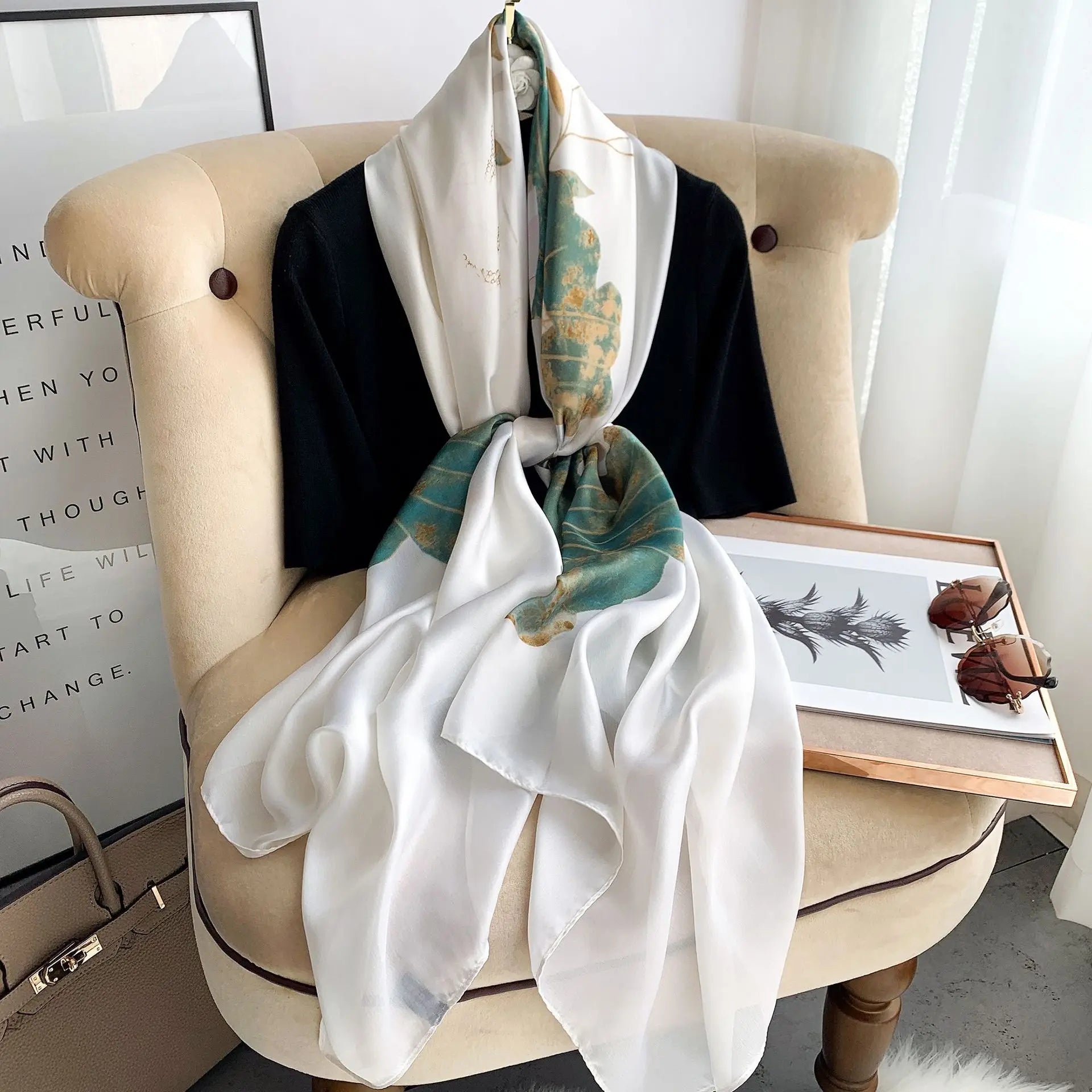 180*90cm Large Silk Satin Scarf Hijab Women Print Shawl