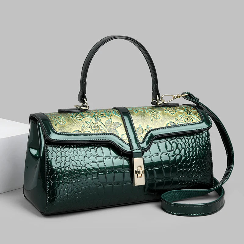Luxury Vintage Crocodile Pattern Handbag Floral Metal Buckle