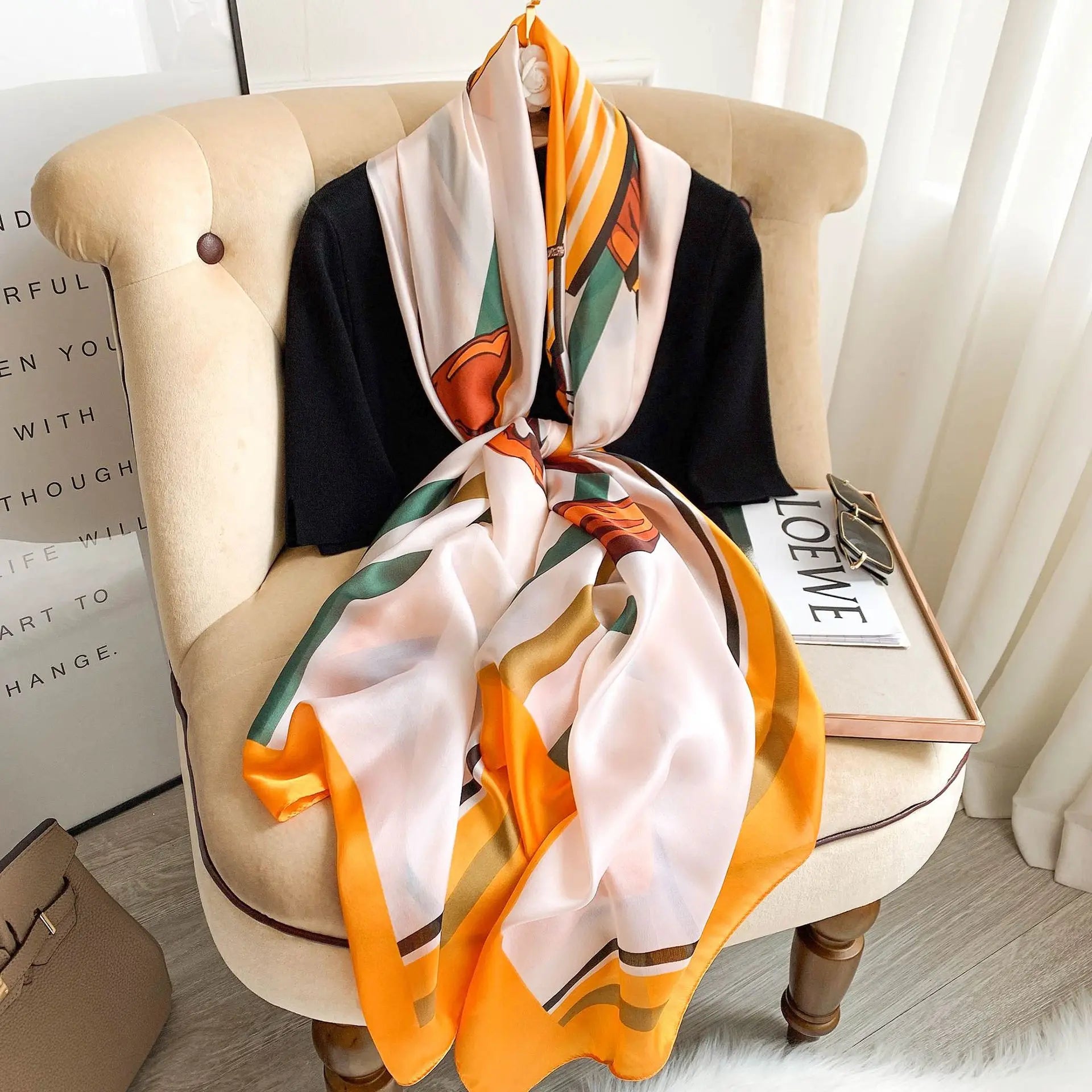 180*90cm Large Silk Satin Scarf Hijab Women Print Shawl