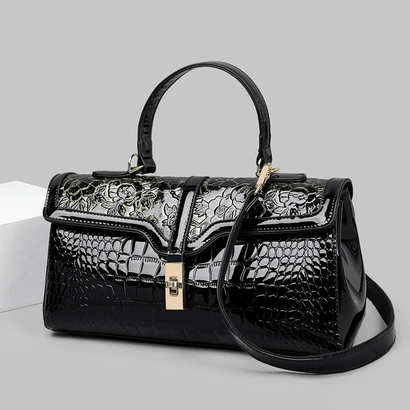 Luxury Vintage Crocodile Pattern Handbag Floral Metal Buckle