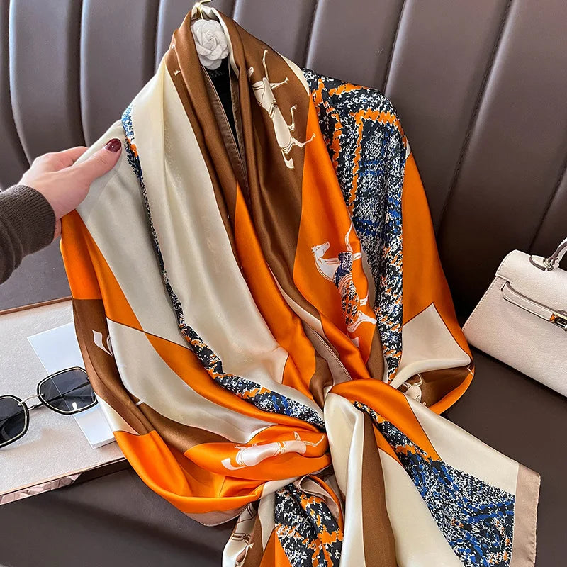 180*90cm Large Silk Satin Scarf Hijab Women Print Shawl