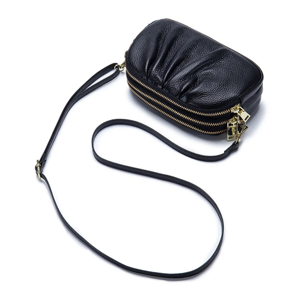 Cloud Bag Soft Genuine Leather Bag Three Layers of Zipper Shoulder Messenger Bag Clutches