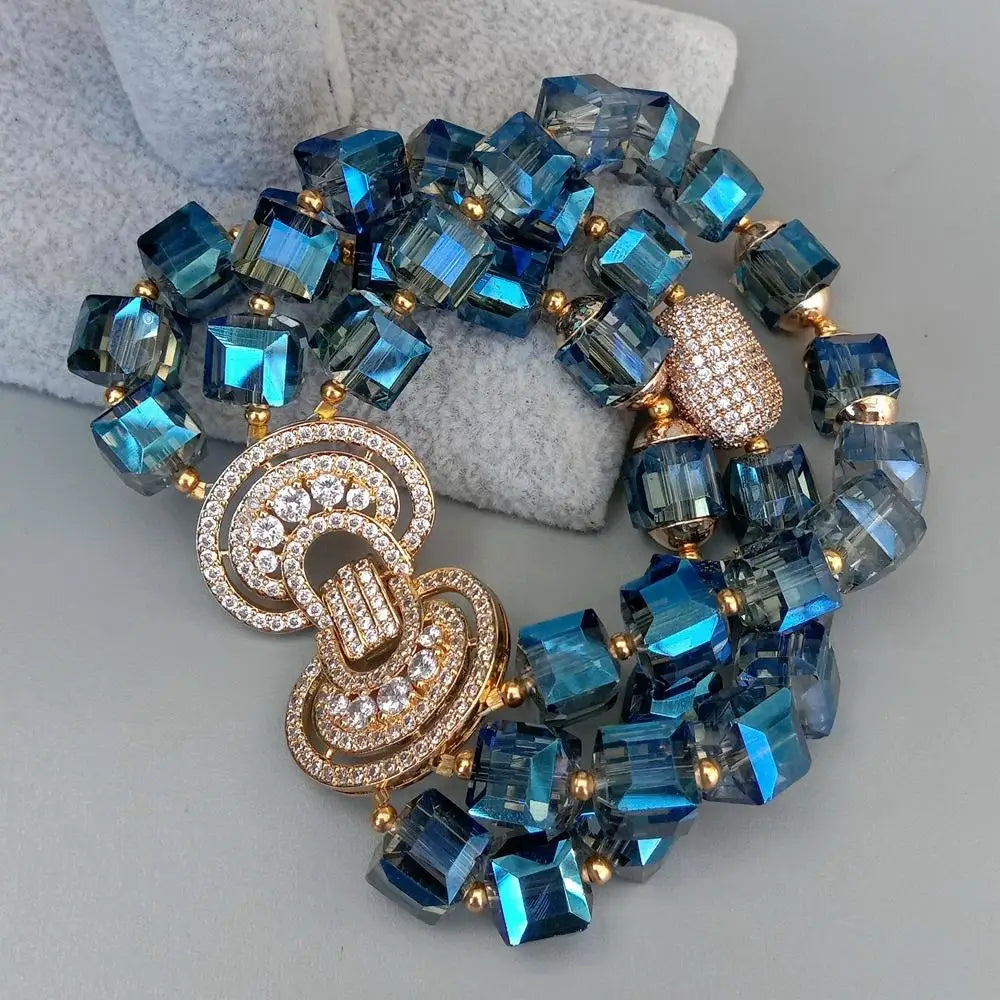 KKGEM 3 Strands Faceted Cube Shape Blue Crystal Cubic Zirconia Pave Bead Bracelet 8.5"