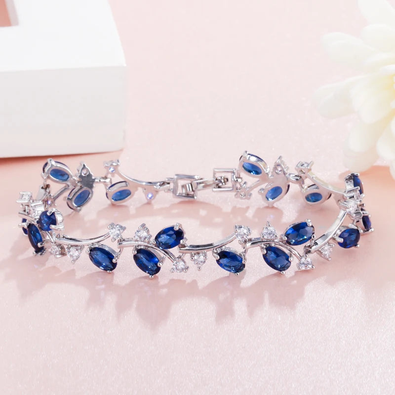 Delicate Oval Dark Blue Stones Crystals Tennis Bracelet Silver Color Fashion Jewelry