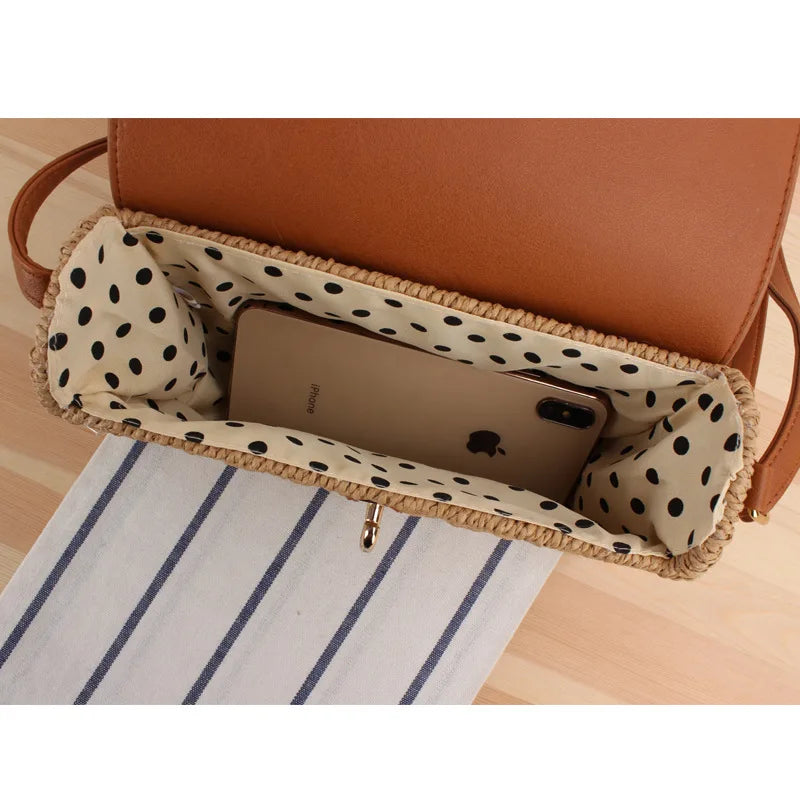Shoulder Bags Casual Leather Handbags for Women Straw Woven Crossbody Bags