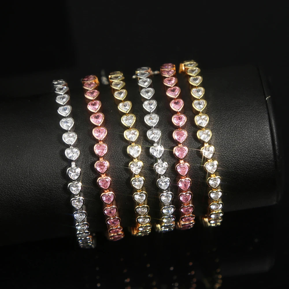Iced Out AAA Cubic Zirconia Heart Tennis Chain Bracelet