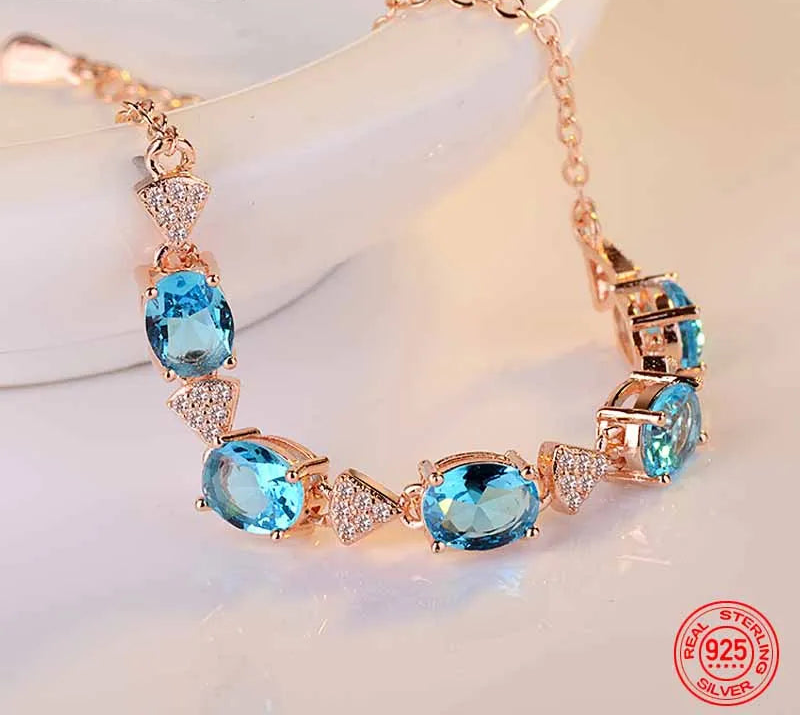 925 Sterling Silver Aquamarine Charm Bracelets Chain For Women Fashion Jewelry