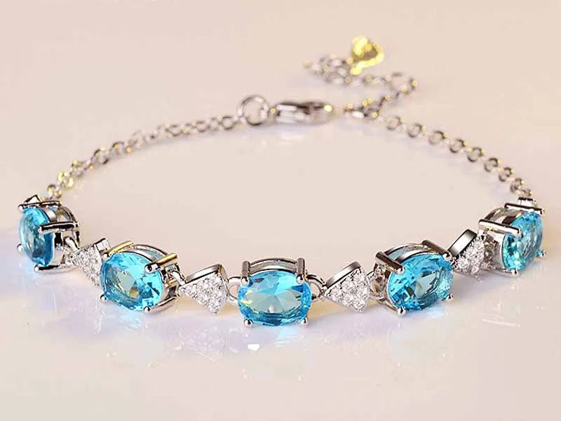 925 Sterling Silver Aquamarine Charm Bracelets Chain For Women Fashion Jewelry