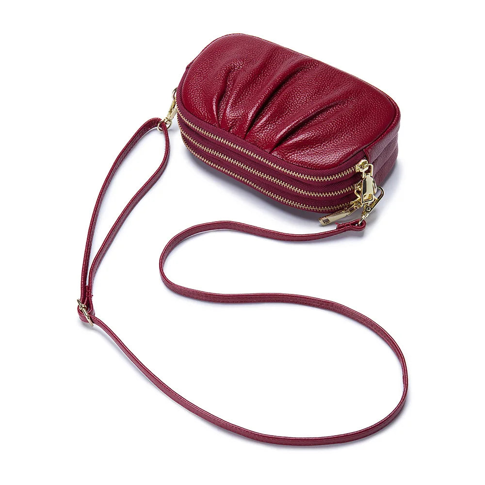 Cloud Bag Soft Genuine Leather Bag Three Layers of Zipper Shoulder Messenger Bag Clutches