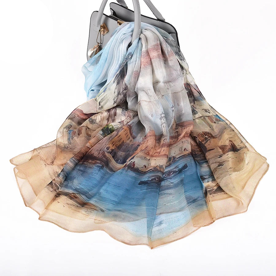100% Silk Scarf Cape Fashion Floral Design Long Scarves
