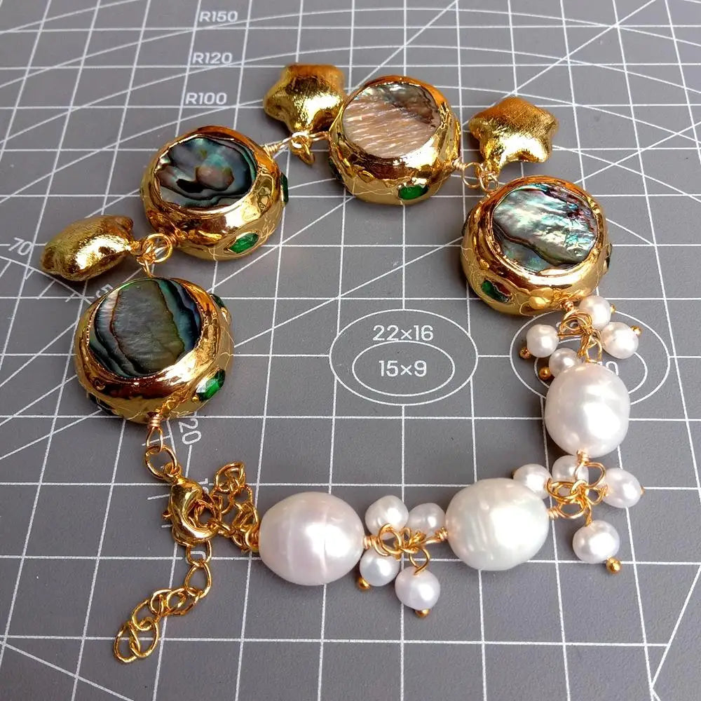 11x13mm Cultured White Rice Pearl Abalone Shell Bracelet