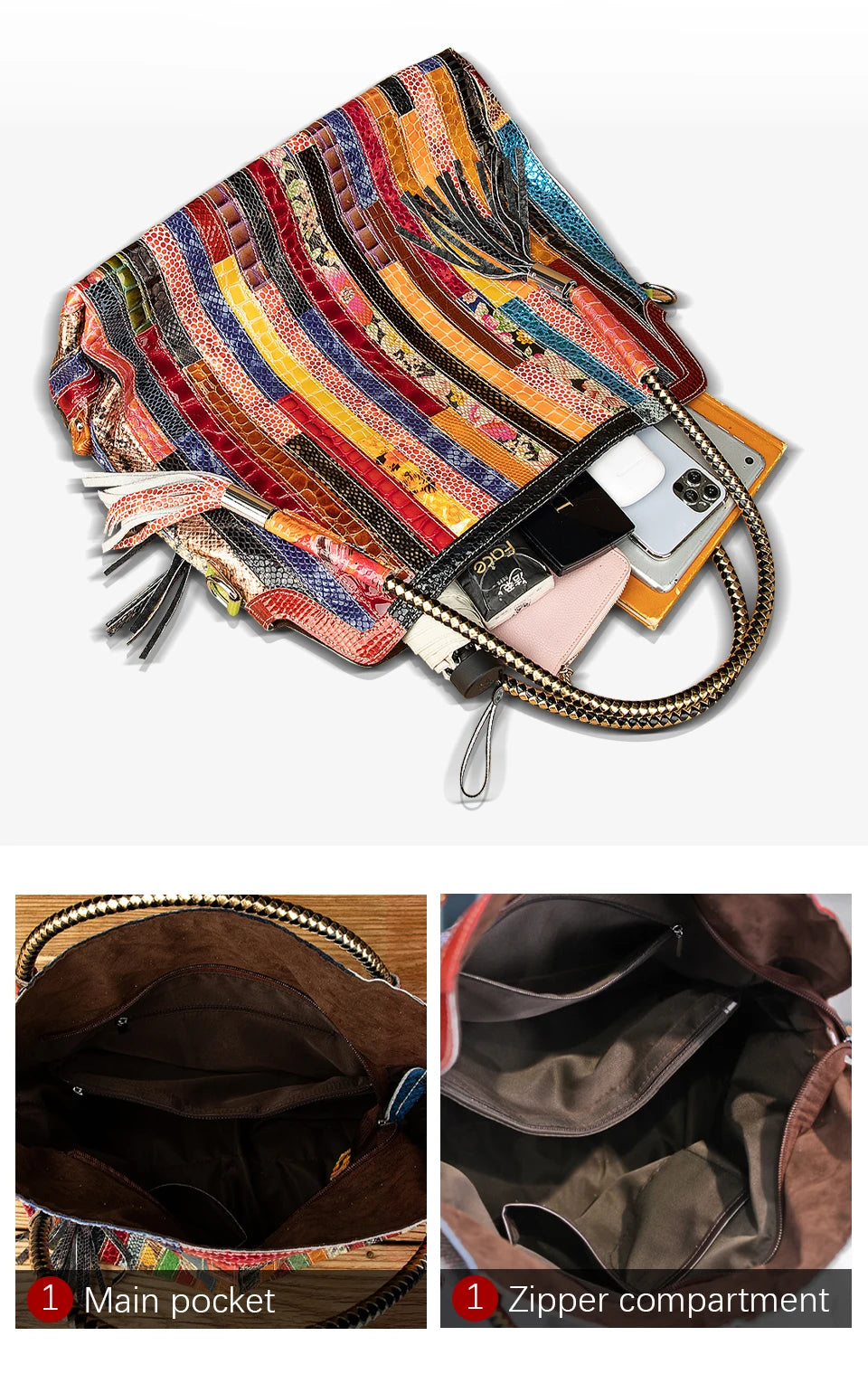 Multi-Color Soft Original Leather Luxury Patchwork Large Handbag Design Tote