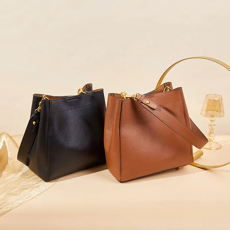 Genuine Leather Casual Shoulder Bucket Handbag