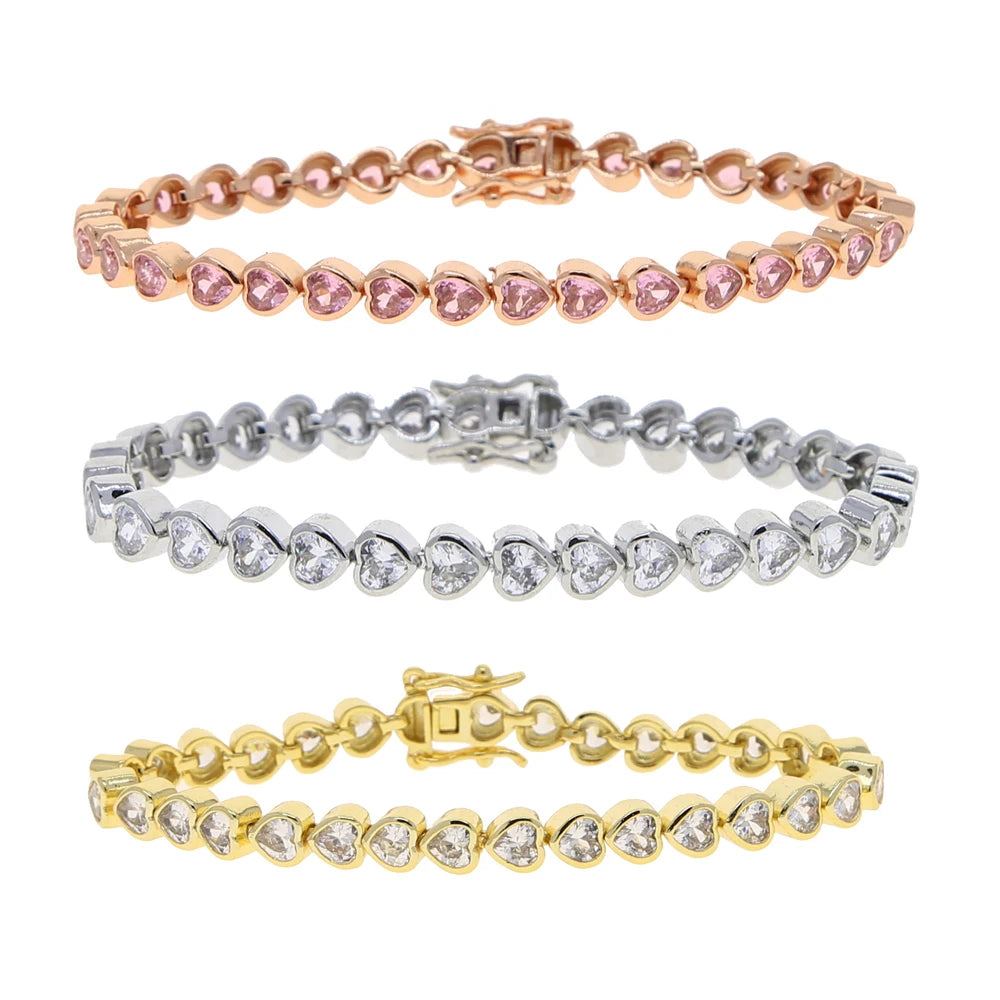 Iced Out AAA Cubic Zirconia Heart Tennis Chain Bracelet