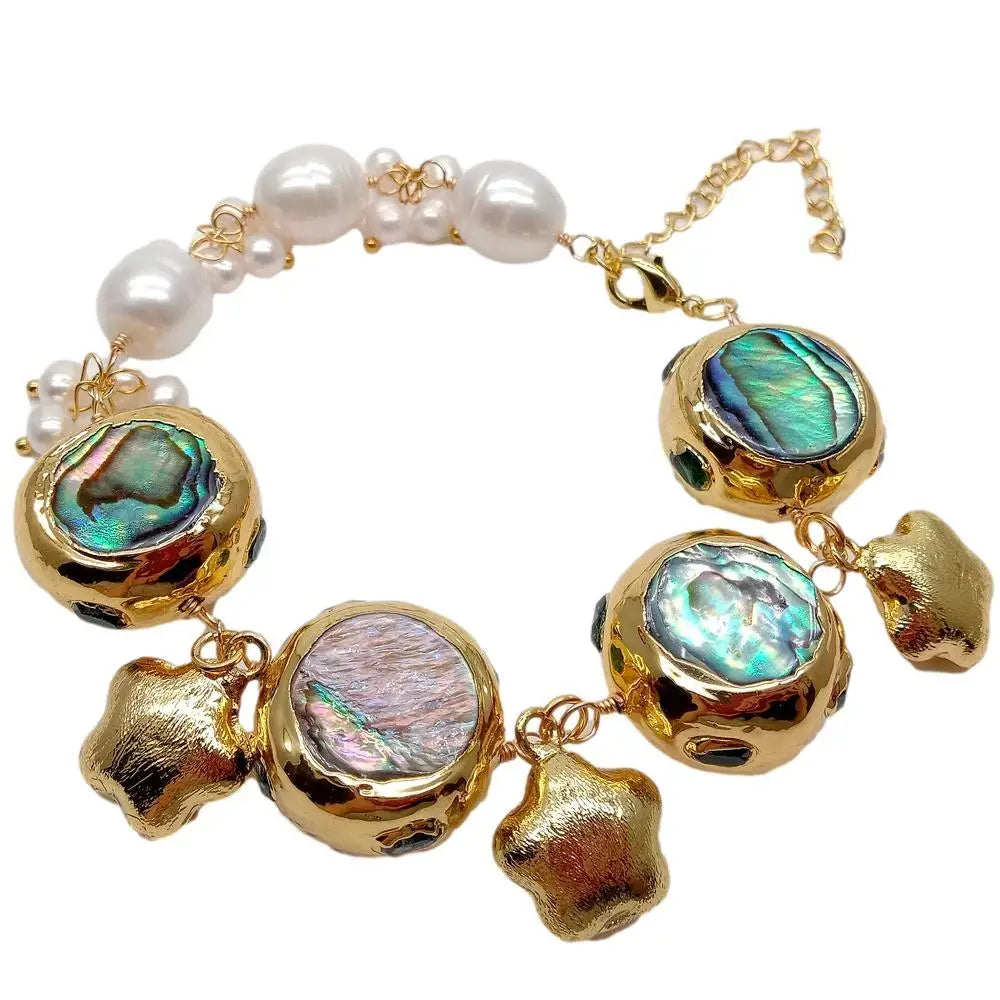 11x13mm Cultured White Rice Pearl Abalone Shell Bracelet
