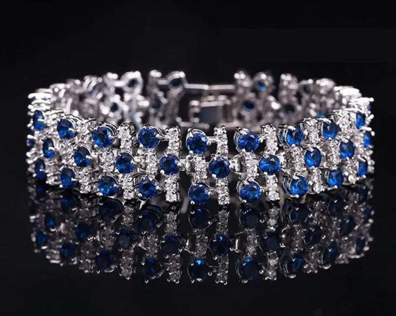 White Gold Color Luxury White And Royal Blue CZ Crystal Stone Bracelets Bangles