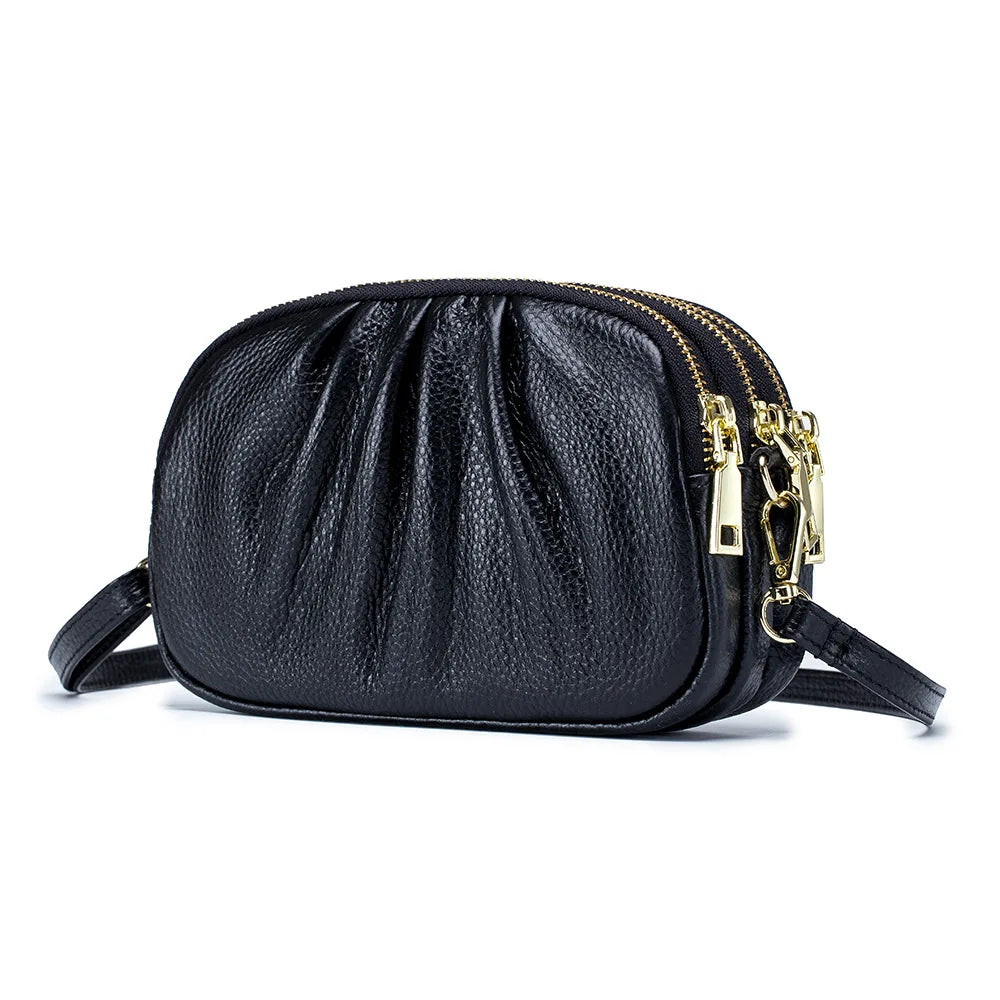 Cloud Bag Soft Genuine Leather Bag Three Layers of Zipper Shoulder Messenger Bag Clutches
