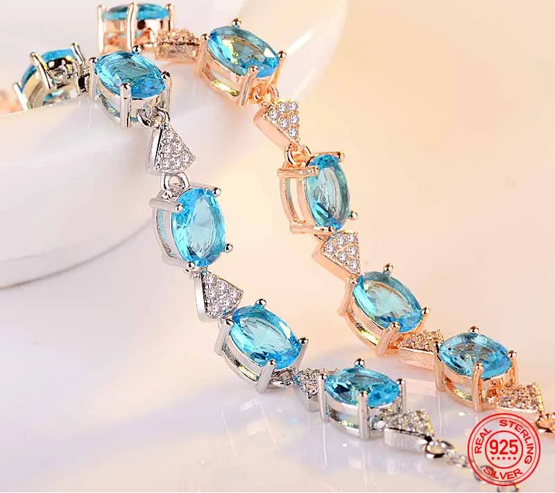 925 Sterling Silver Aquamarine Charm Bracelets Chain For Women Fashion Jewelry