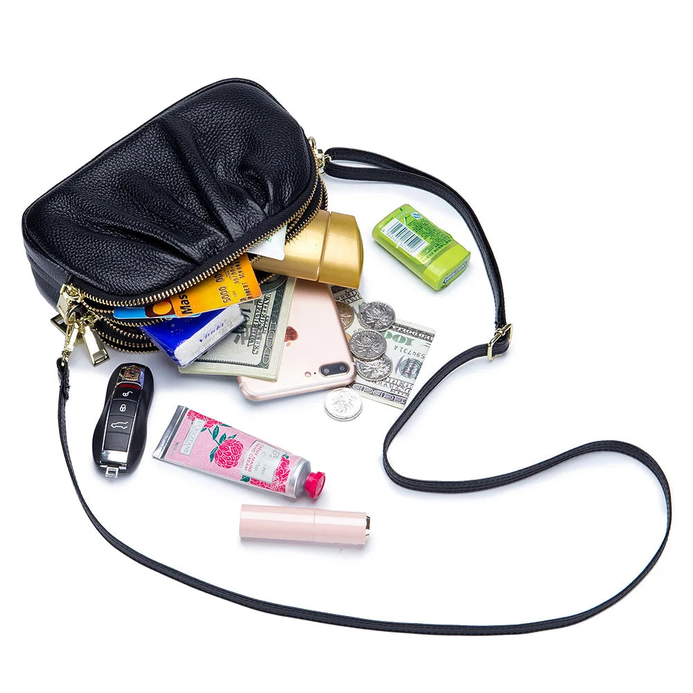 Cloud Bag Soft Genuine Leather Bag Three Layers of Zipper Shoulder Messenger Bag Clutches