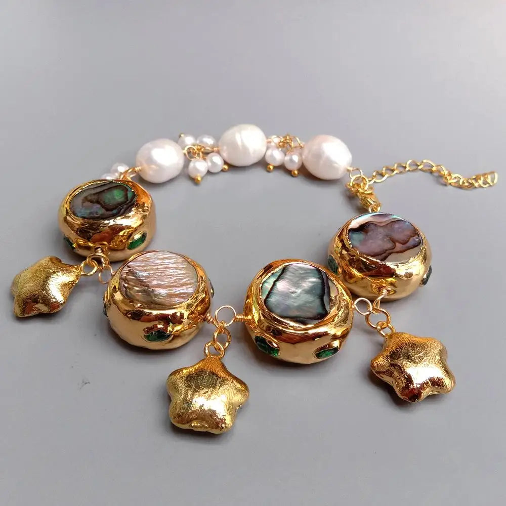 11x13mm Cultured White Rice Pearl Abalone Shell Bracelet