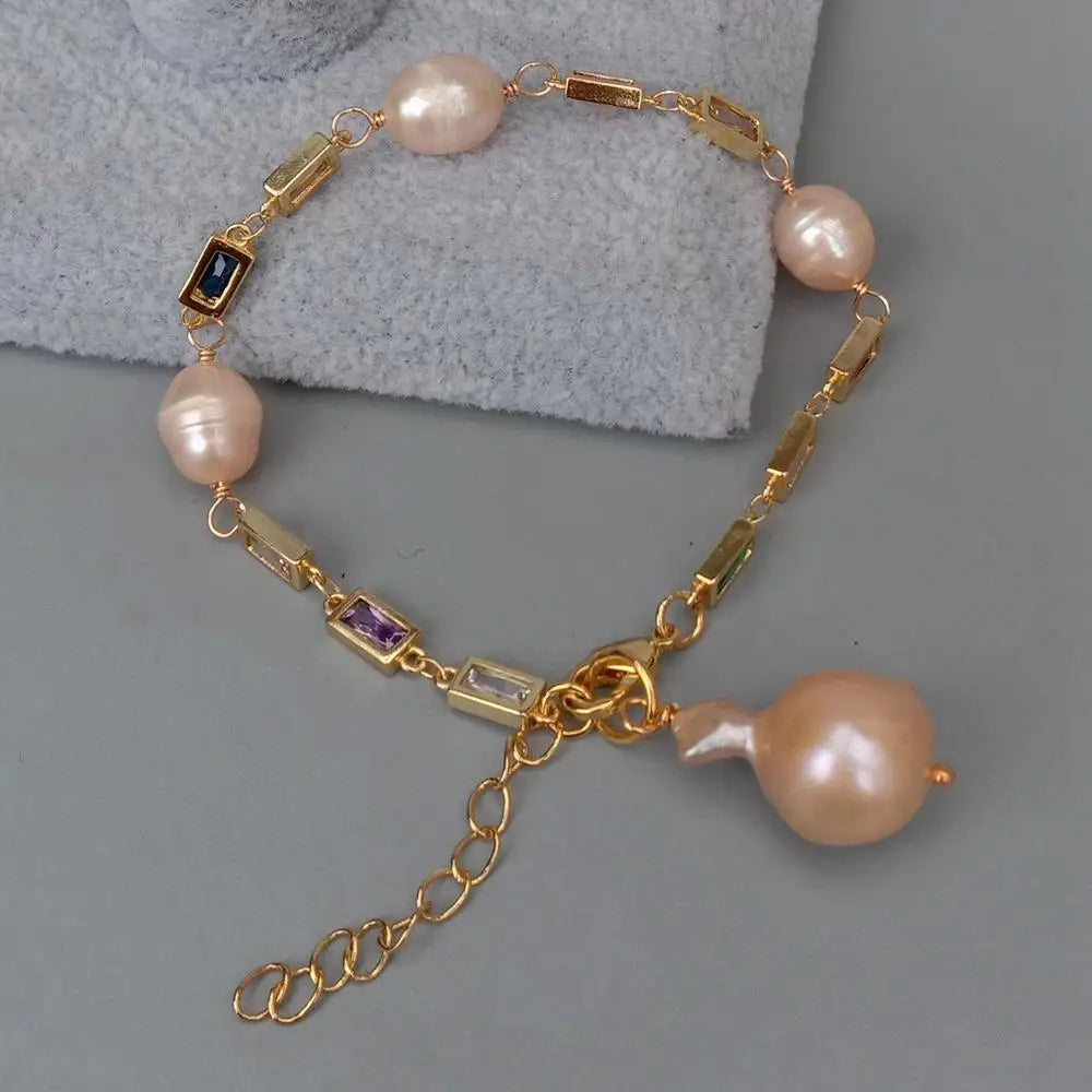 Cultured Pink Pearl Mixed Color Cubic Zirconia Bracelet