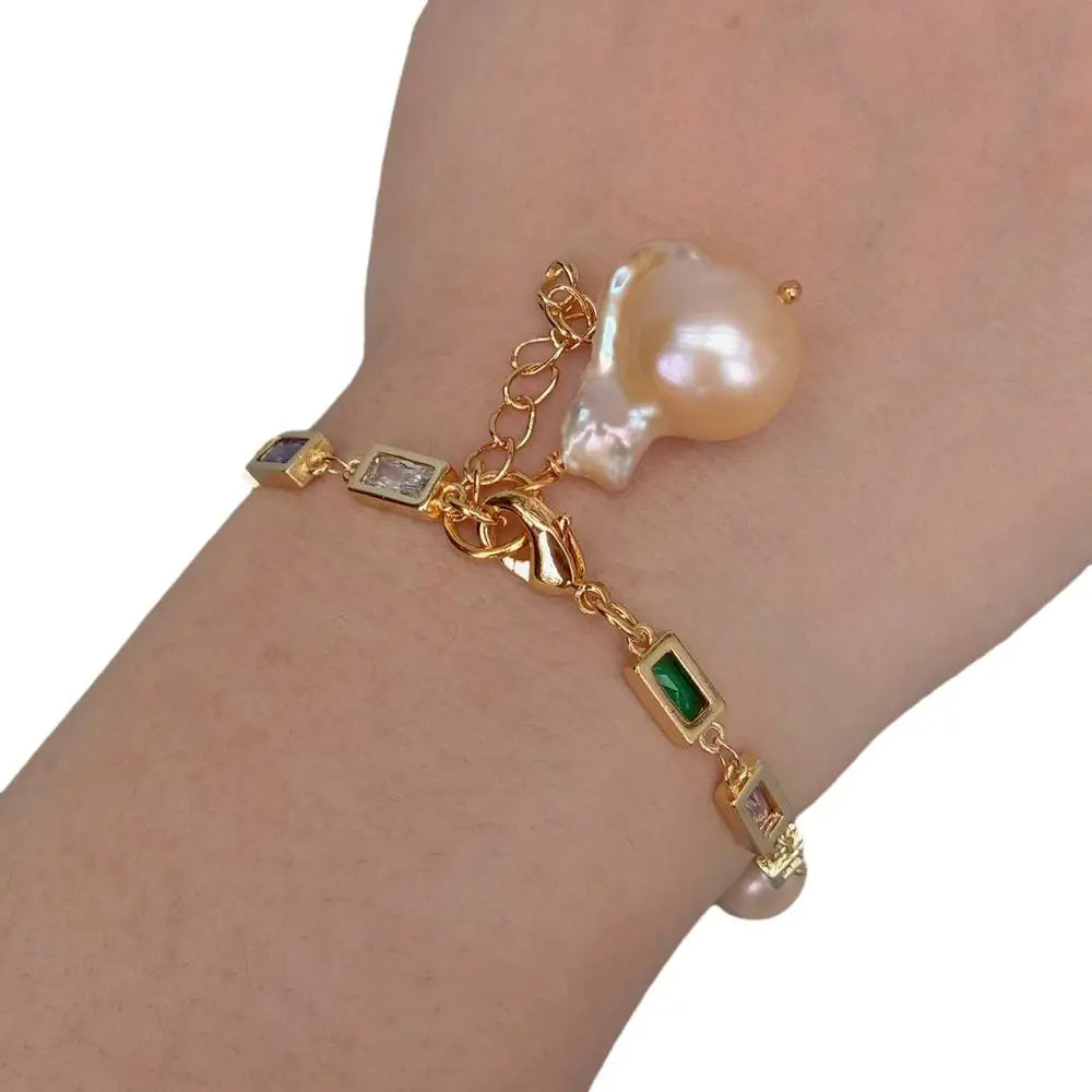 Cultured Pink Pearl Mixed Color Cubic Zirconia Bracelet