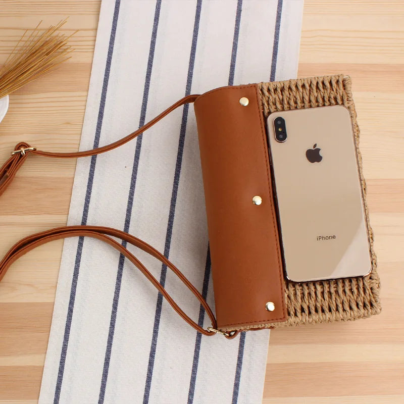 Shoulder Bags Casual Leather Handbags for Women Straw Woven Crossbody Bags