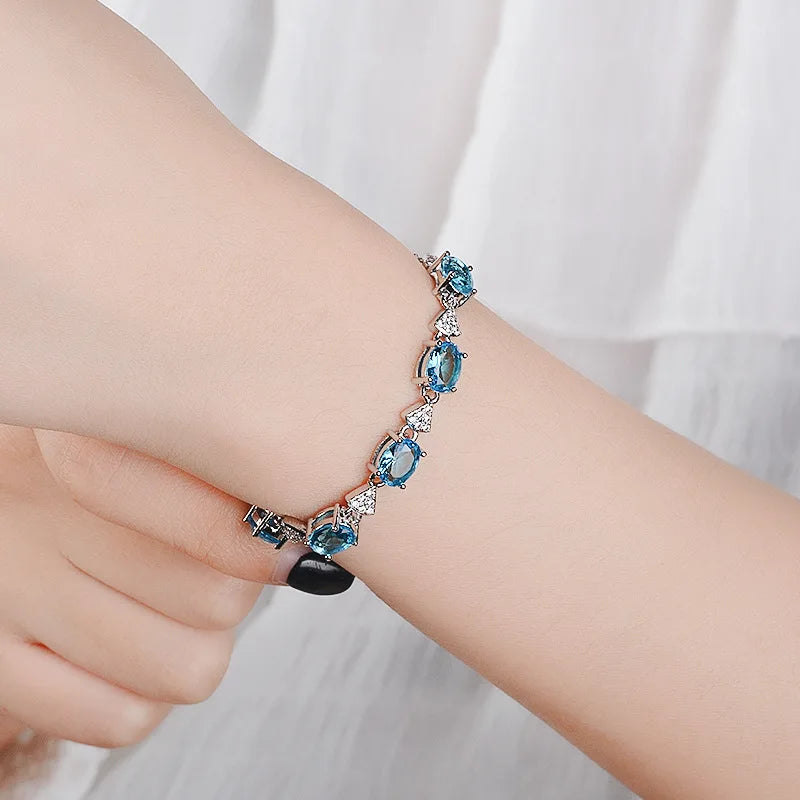 Blue Topaz Aquamarine 925 Sterling Silver Charm Bracelet