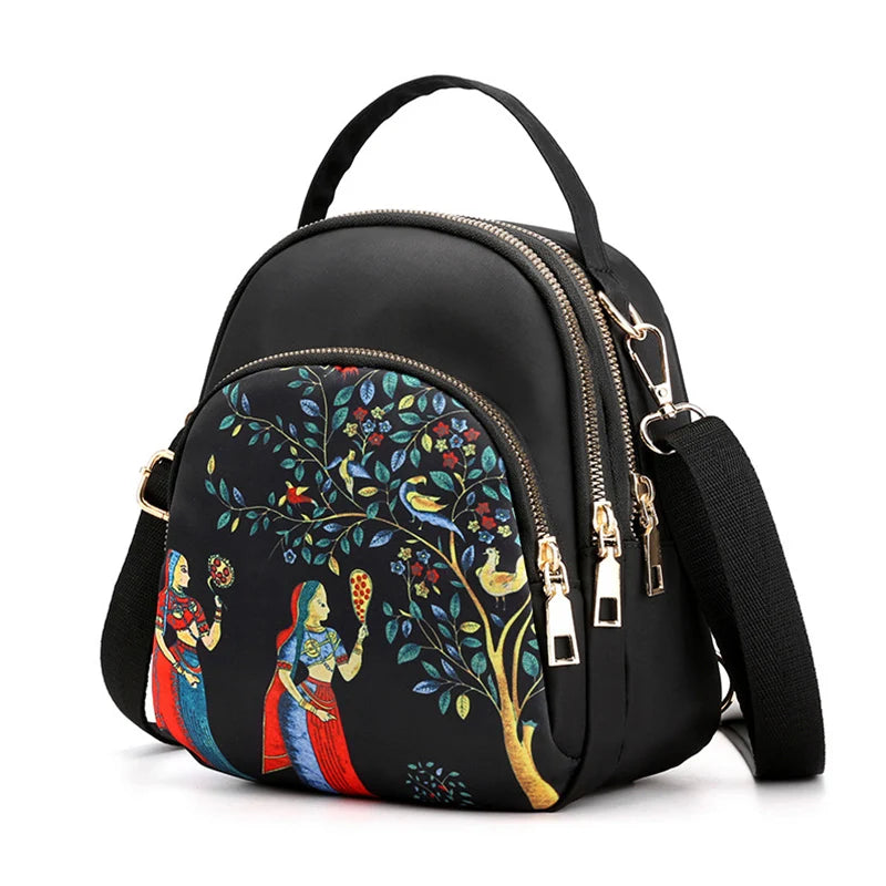 Fashion Printing Backpack Large Capacity Nylon Rucksack Multilayer Crossbody Bag