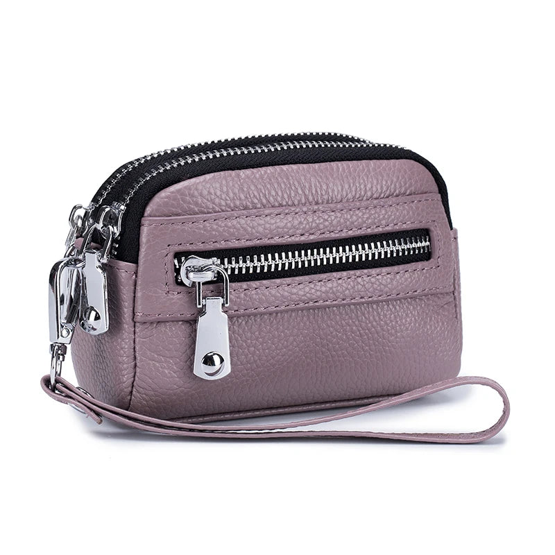 Genuine Leather Women Mini Wallet Double Zipper Coin Purse