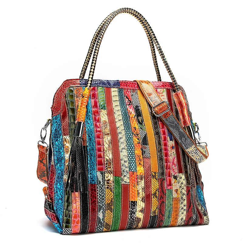 Multi-Color Soft Original Leather Luxury Patchwork Large Handbag Design Tote