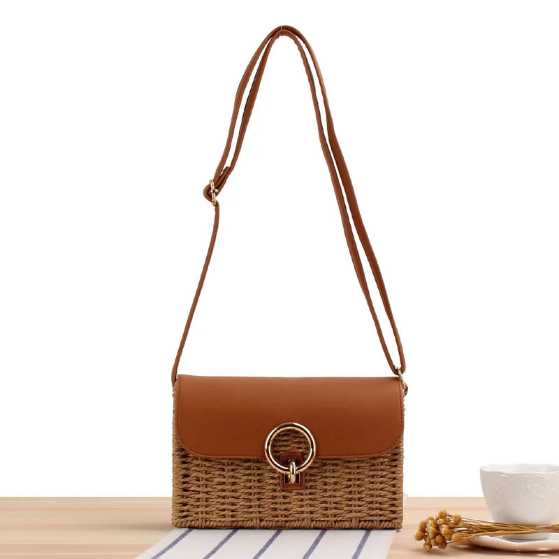 Shoulder Bags Casual Leather Handbags for Women Straw Woven Crossbody Bags