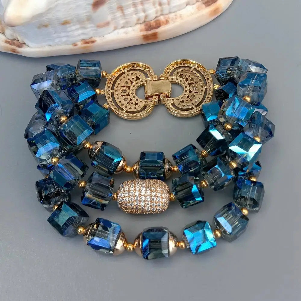 KKGEM 3 Strands Faceted Cube Shape Blue Crystal Cubic Zirconia Pave Bead Bracelet 8.5"