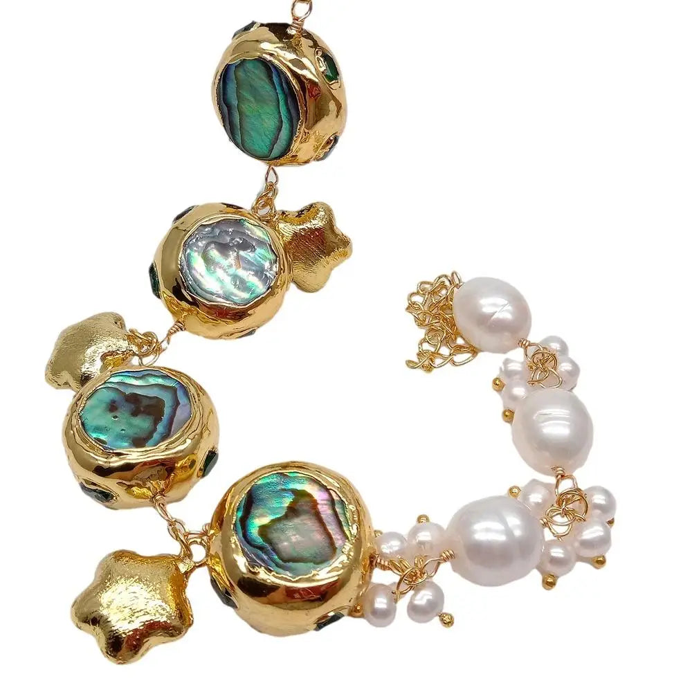 11x13mm Cultured White Rice Pearl Abalone Shell Bracelet