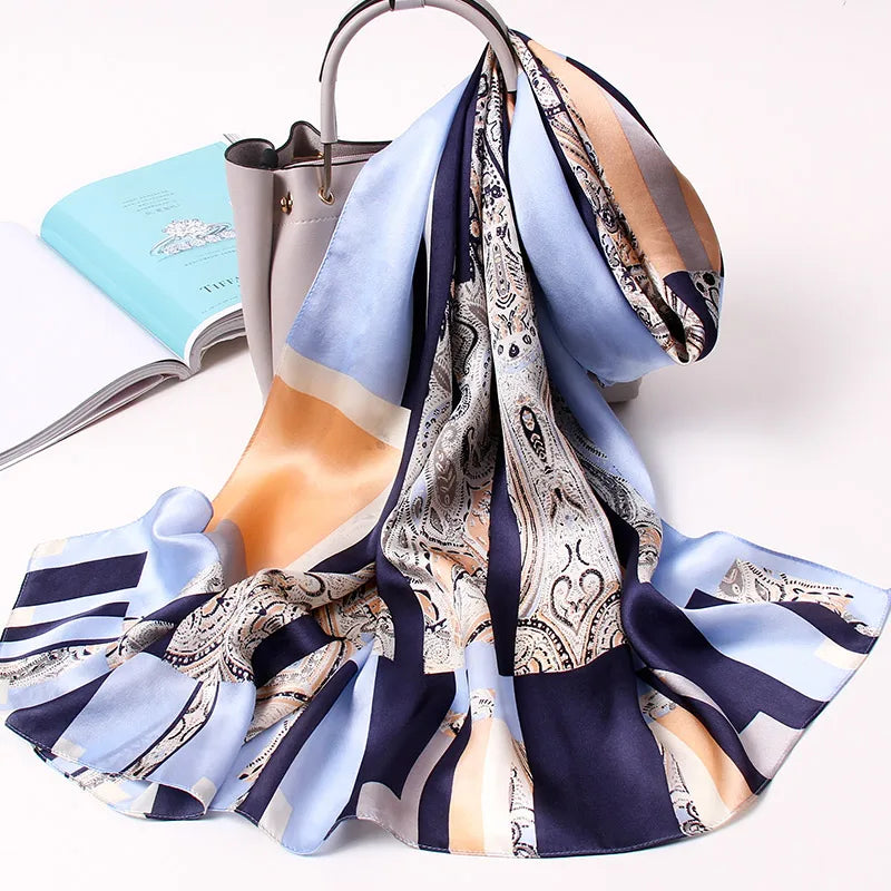 100% Silk Scarf Long Print Luxury Natural Silk Shawls Wraps Floral Real Silk Scarves