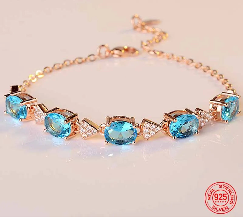 925 Sterling Silver Aquamarine Charm Bracelets Chain For Women Fashion Jewelry