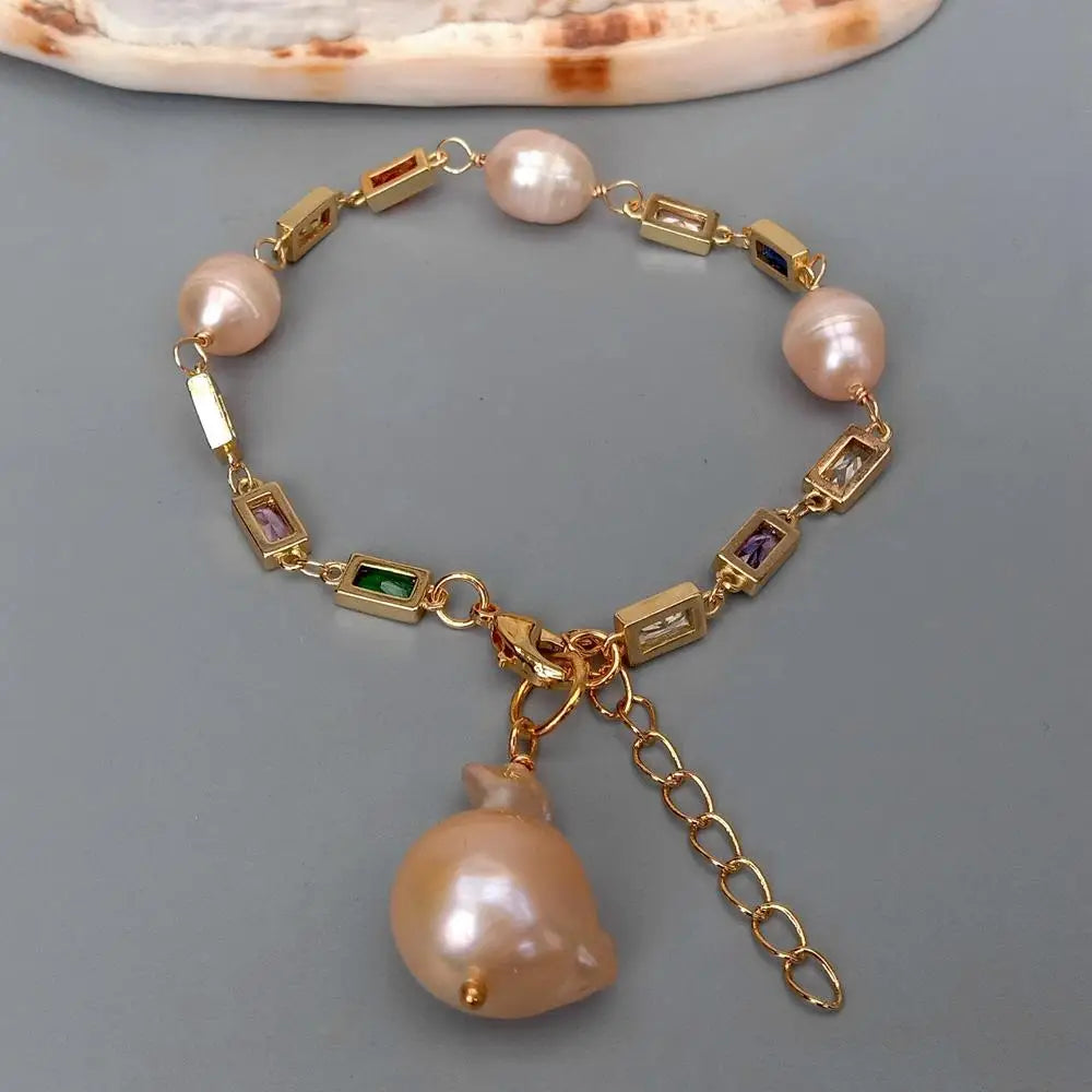 Cultured Pink Pearl Mixed Color Cubic Zirconia Bracelet