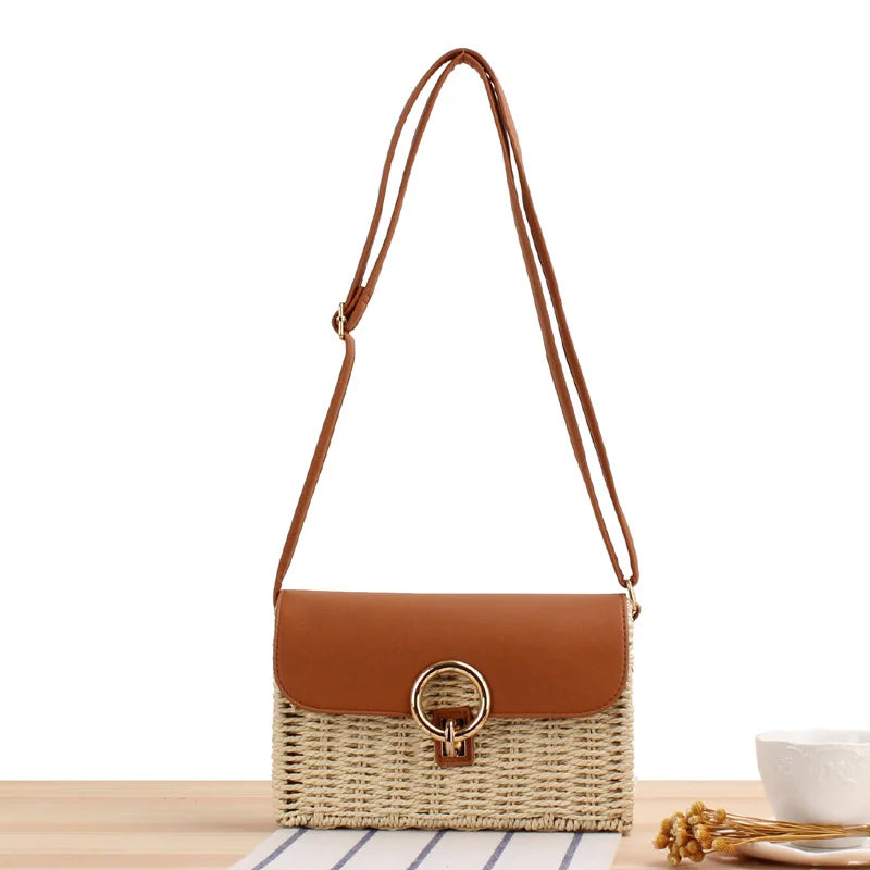 Shoulder Bags Casual Leather Handbags for Women Straw Woven Crossbody Bags