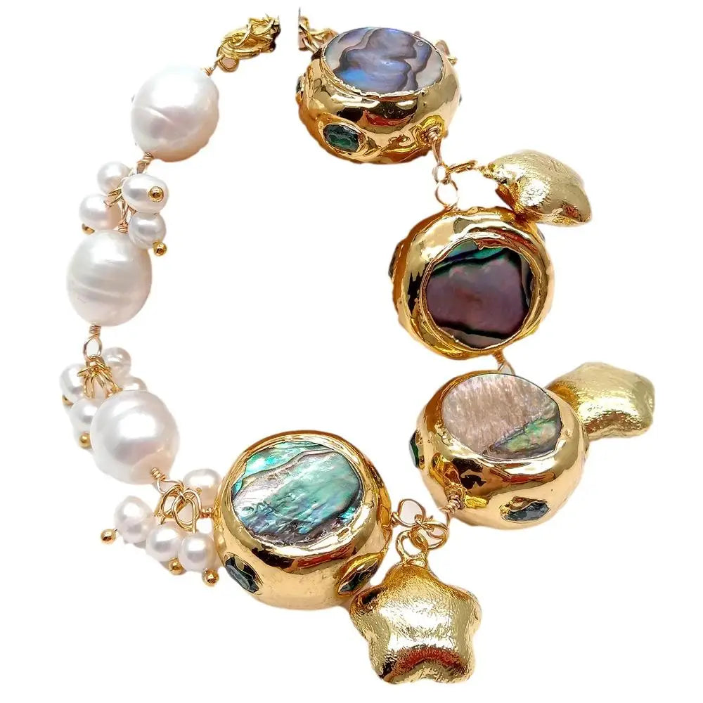 11x13mm Cultured White Rice Pearl Abalone Shell Bracelet