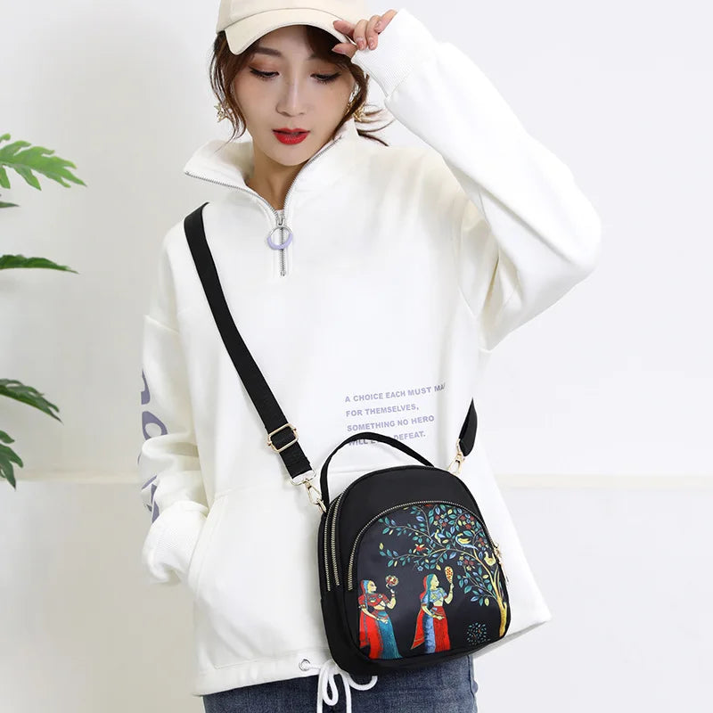 Fashion Printing Backpack Large Capacity Nylon Rucksack Multilayer Crossbody Bag