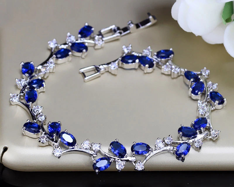 Delicate Oval Dark Blue Stones Crystals Tennis Bracelet Silver Color Fashion Jewelry
