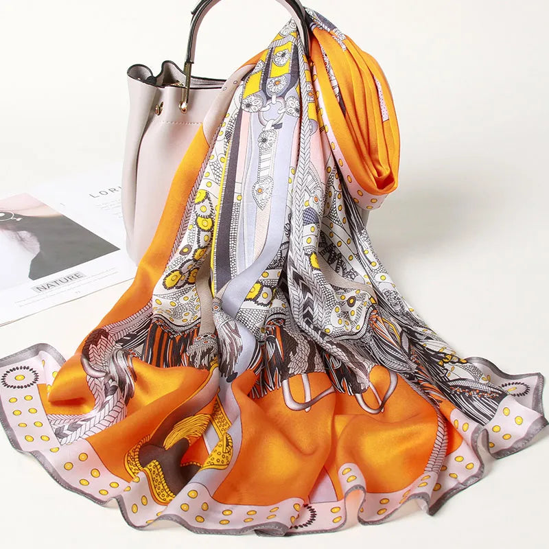 100% Silk Scarf Long Print Luxury Natural Silk Shawls Wraps Floral Real Silk Scarves
