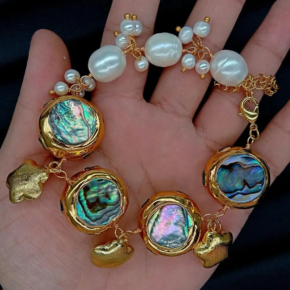 11x13mm Cultured White Rice Pearl Abalone Shell Bracelet